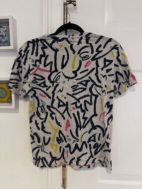 Zara Men's Abstract Print Short-Sleeve Shirt - Gray with Navy, Yellow & Pink